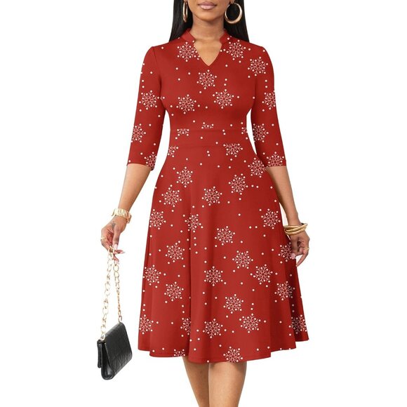 Women Red Snow 3/4 Sleeve Semi Formal Fit and Flare A-line Dress With Pockets Women Red Snow 3/4 Sleeve Semi Formal Fit and Flare A-line Dress With Pockets